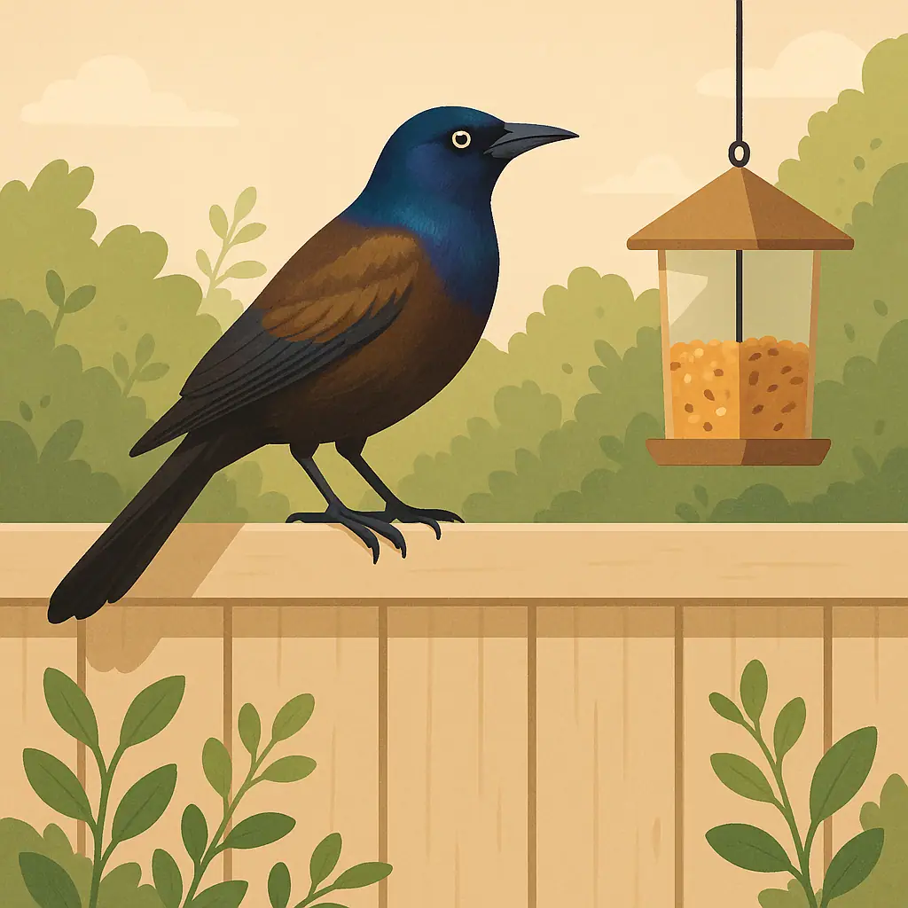Common grackle perched in a quiet backyard garden