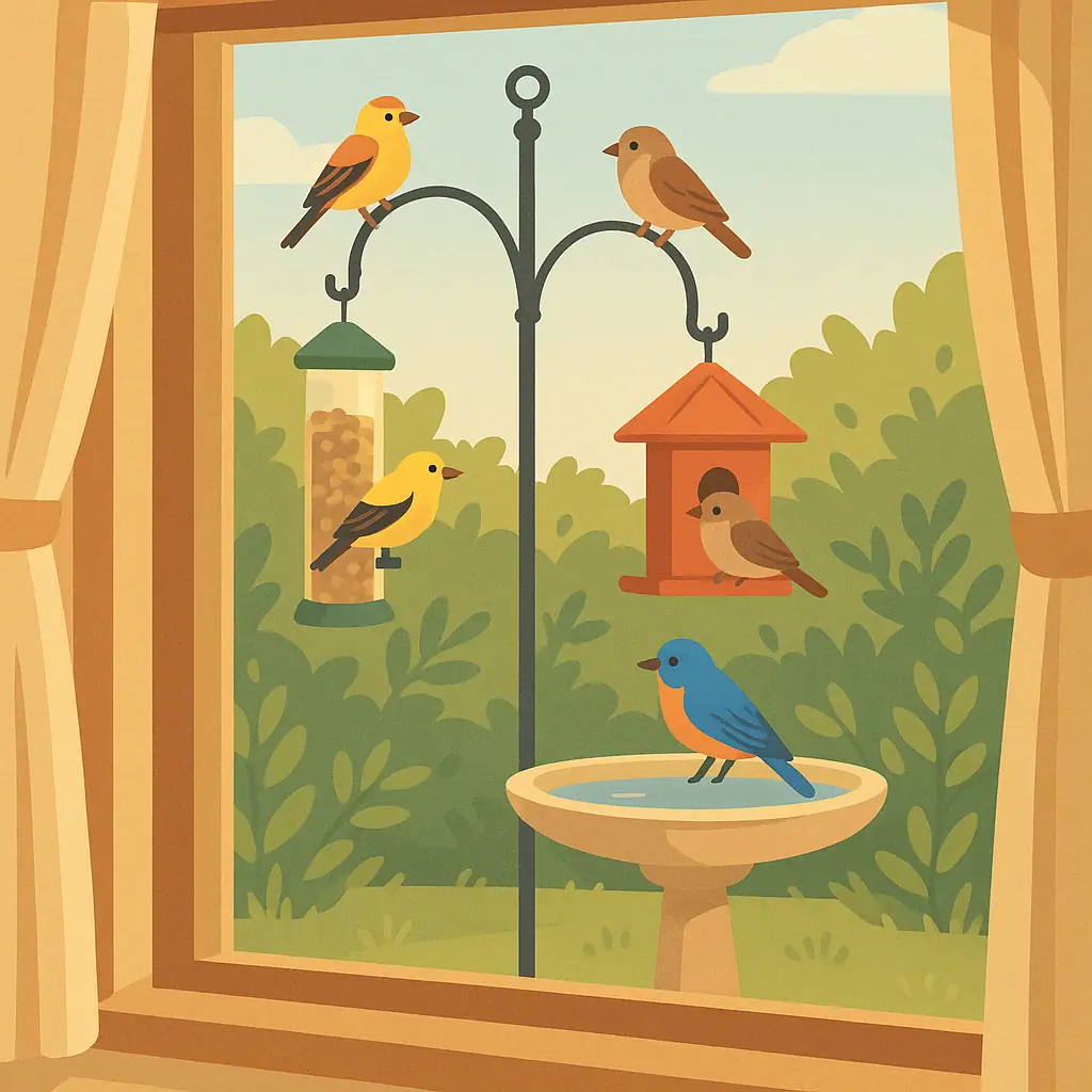 Backyard bird feeder station arranged for a clear indoor view from a home window