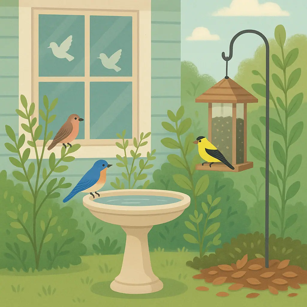 Bird-safe backyard with clean water, native shrubs, feeders, and visible window protection