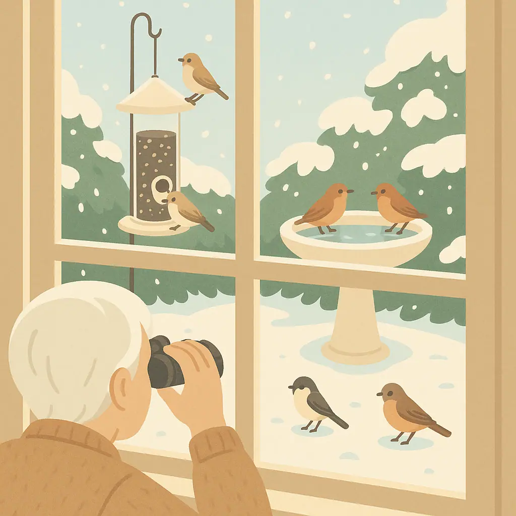 Snowy backyard birdwatching scene with small birds near a feeder, water, and winter shelter