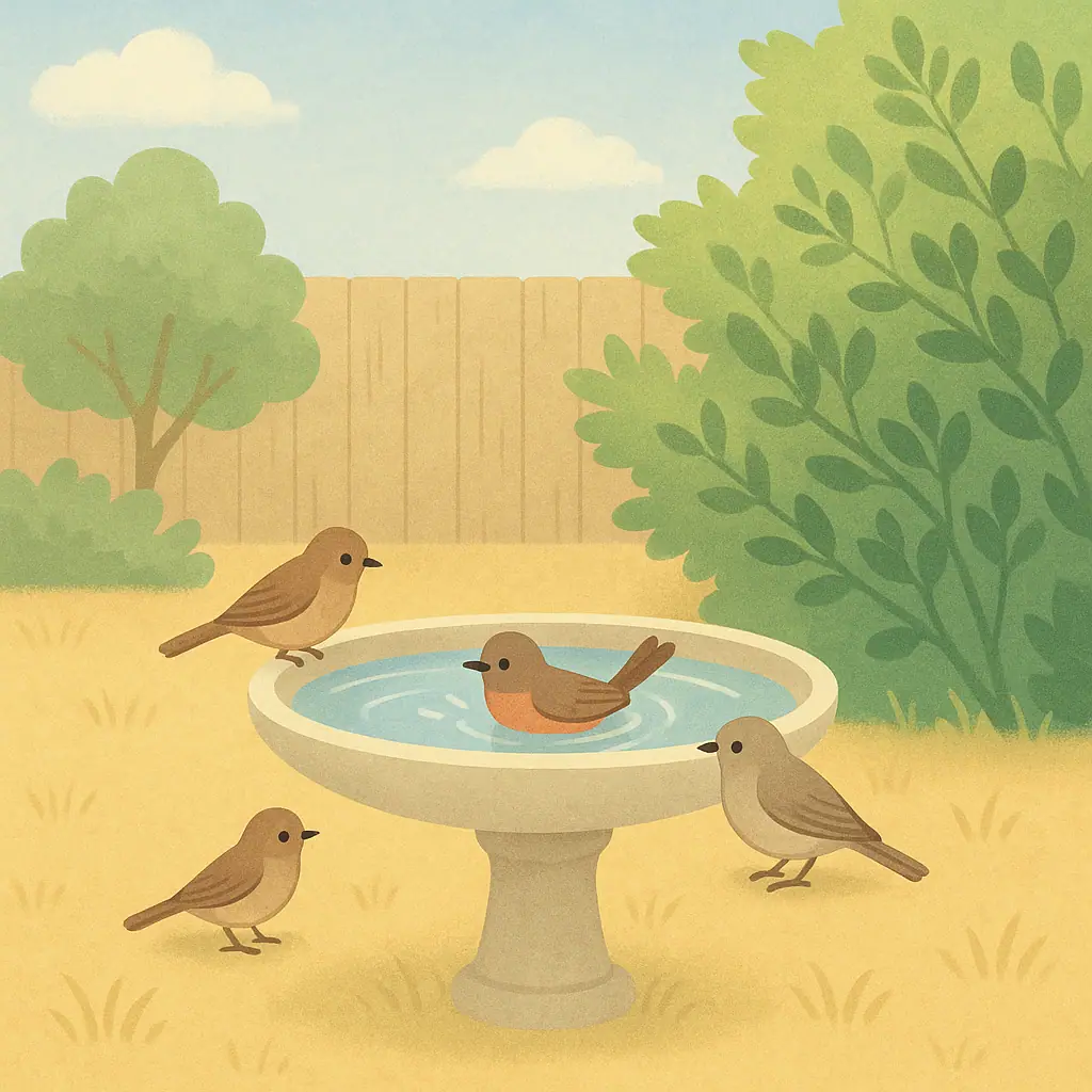 Backyard birds using a clean shallow bird bath during dry weather