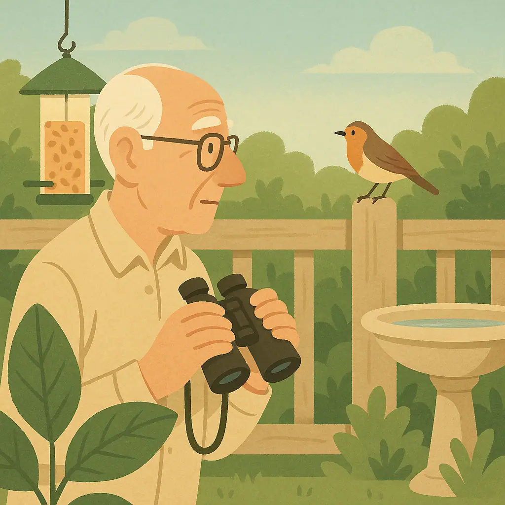 Birdwatcher comparing a backyard bird to feeder and fence objects to estimate its size