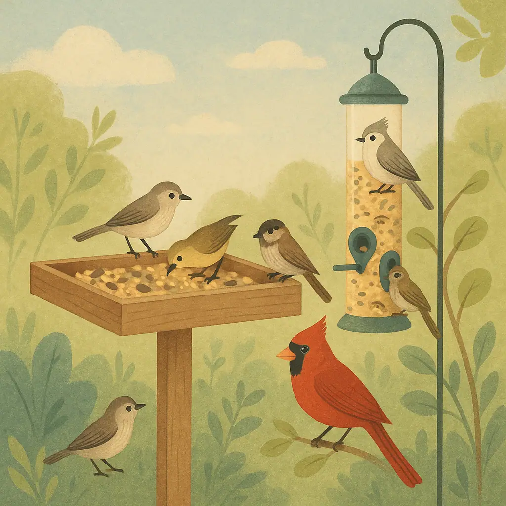 Platform feeder and tube feeder in a calm backyard with birds visiting each style