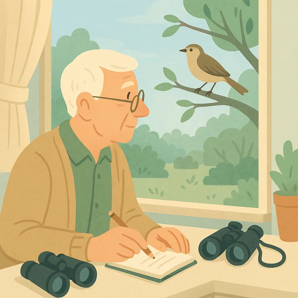 Beginner birdwatcher taking notes about an unknown backyard bird from a kitchen window