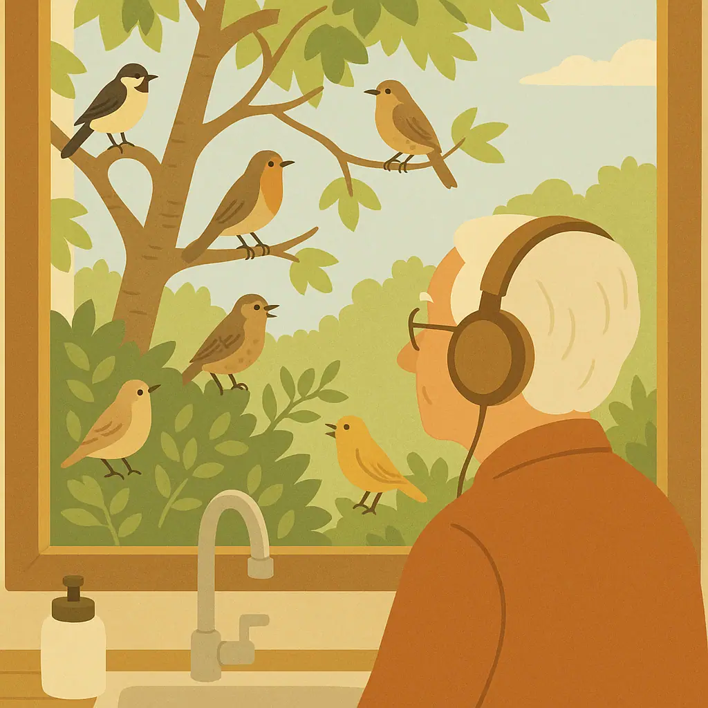 Backyard birdwatcher listening to songbirds from a kitchen window