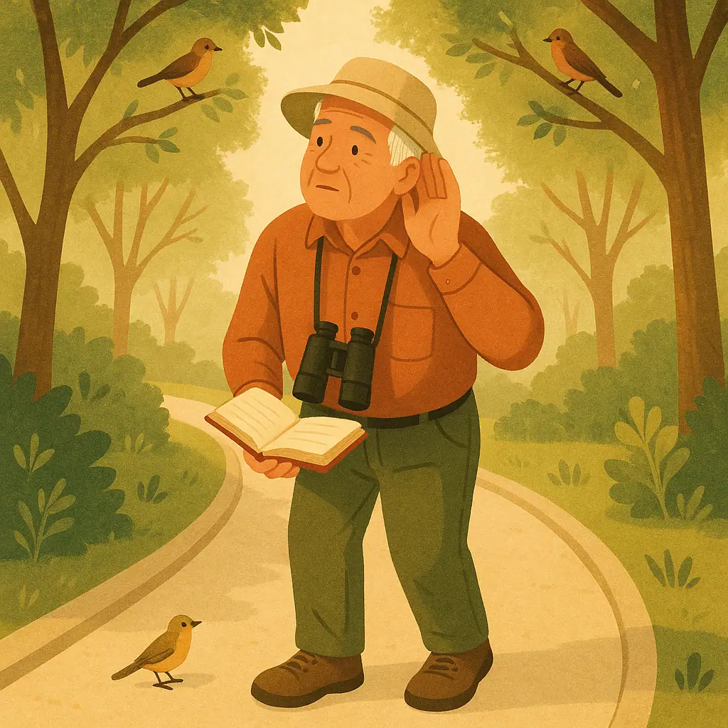 A beginner birdwatcher standing quietly on an easy trail and listening for birds in nearby trees.