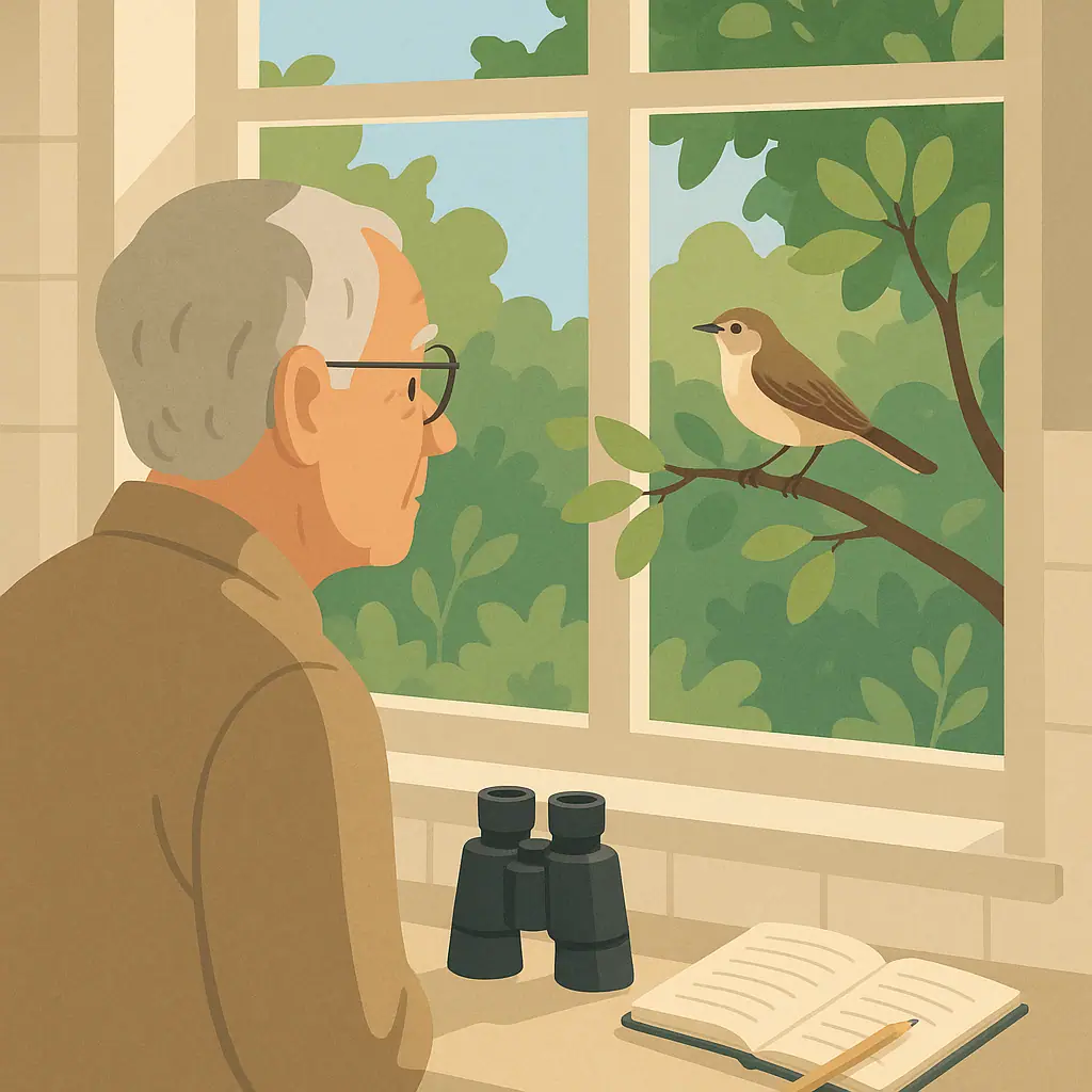 A backyard birdwatcher observing how sunlight and shade change the appearance of a small bird.