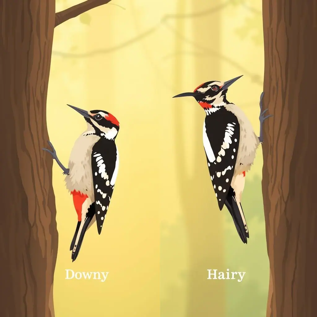 Downy and Hairy Woodpeckers side by side on a tree trunk for identification comparison