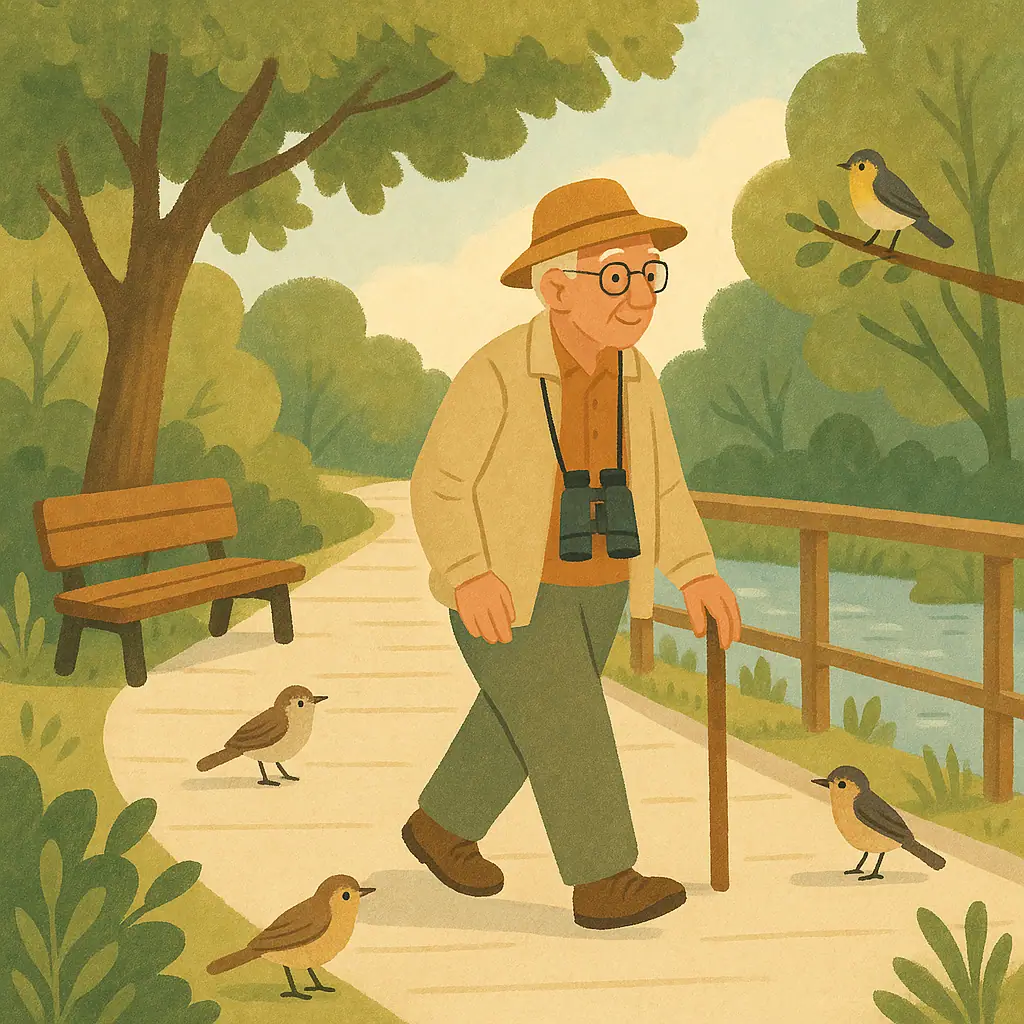 An older birdwatcher on a gentle boardwalk trail with benches, trees, water, and birds nearby.