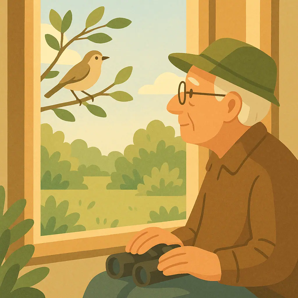 A quiet backyard birdwatcher observing a small songbird calmly from a respectful distance