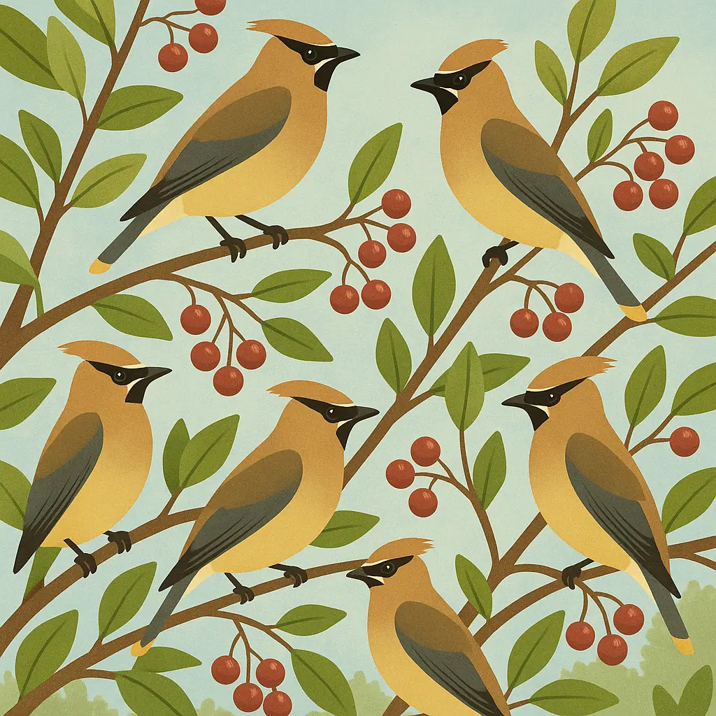 Cedar Waxwings perched together in a berry tree for beginner identification