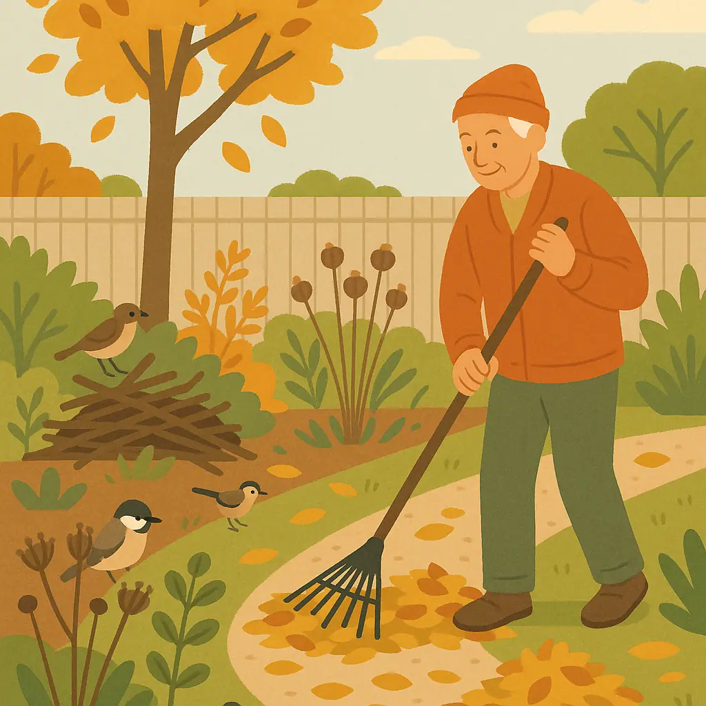 Fall backyard with leaves moved into garden beds, seed heads left standing, and birds using a quiet habitat corner.