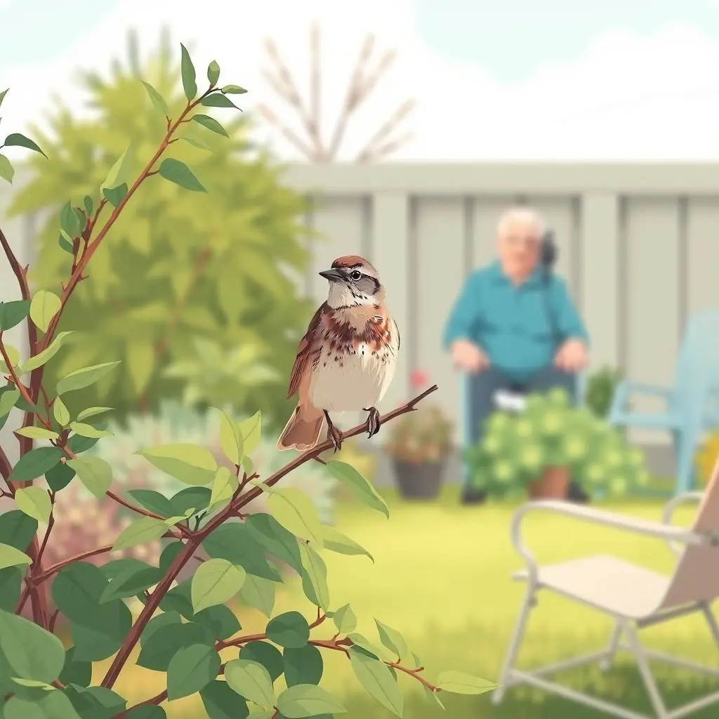 Song Sparrow perched on a low shrub in a peaceful backyard garden
