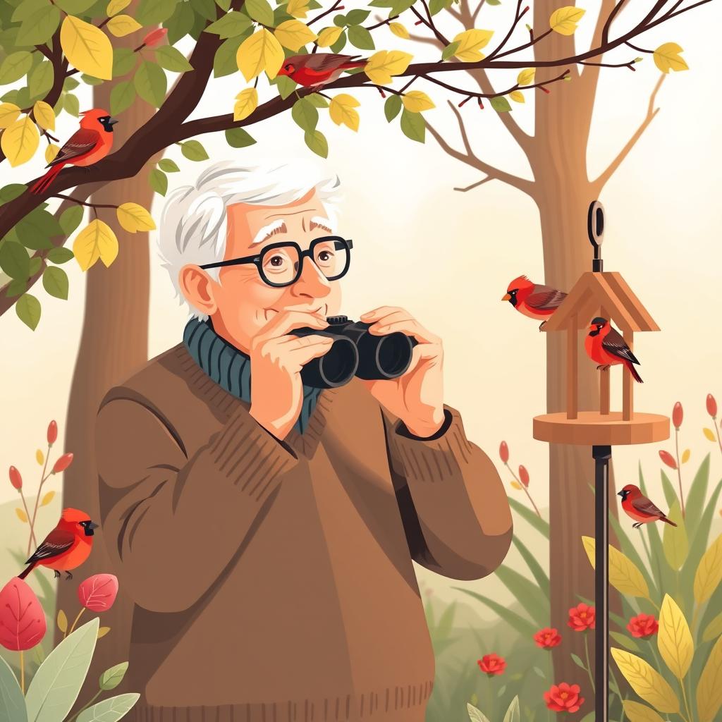 Senior person with binoculars observing colorful birds in a peaceful backyard garden setting