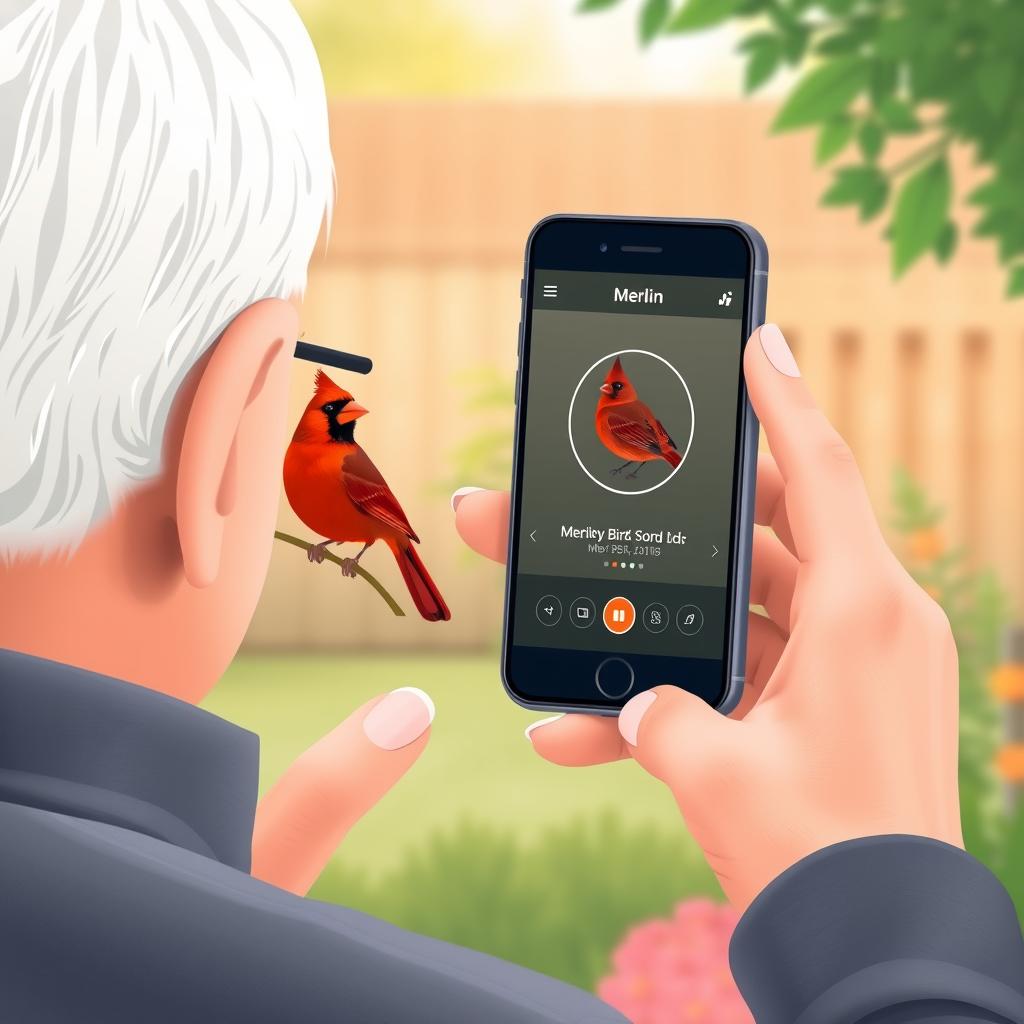 Senior person using Merlin Bird ID app on smartphone to photograph a cardinal in backyard garden setting