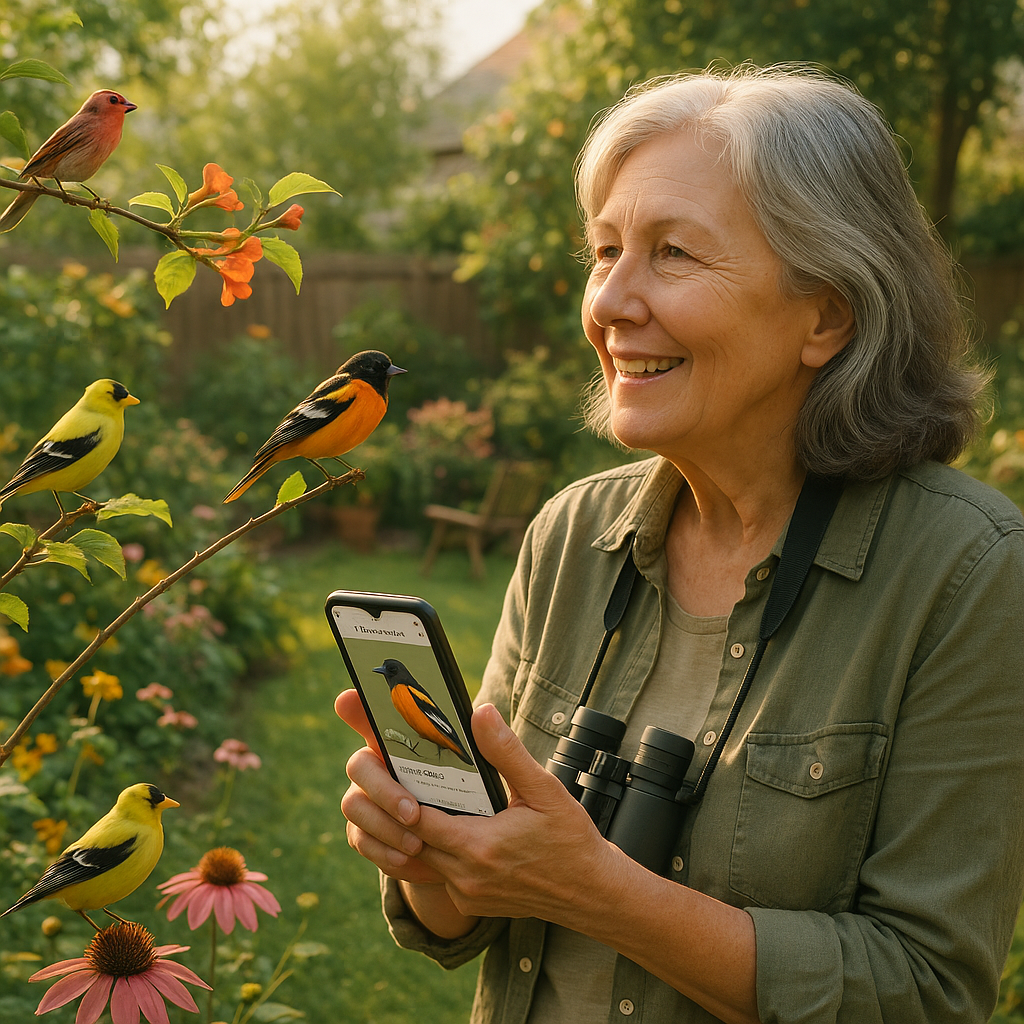 Senior birder using a smartphone bird ID app while watching birds in a sunny backyard garden