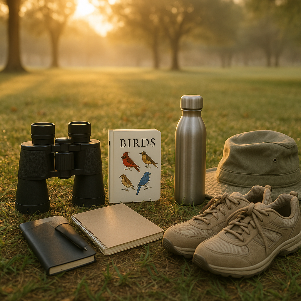 Essential birdwatching gear for beginners: binoculars, field guide, notebook, water, and hat