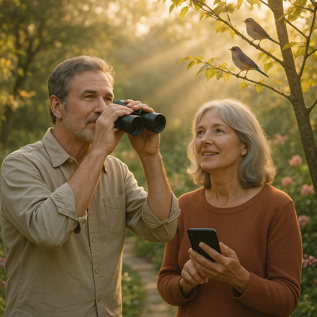 Older adults listening to bird songs in a peaceful morning garden with binoculars and birding app