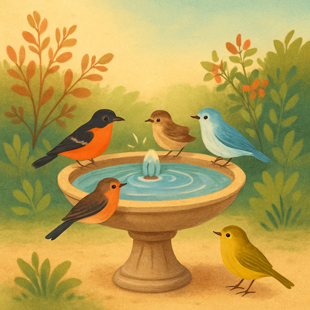 Backyard birds visiting a shallow bird bath with gentle moving water