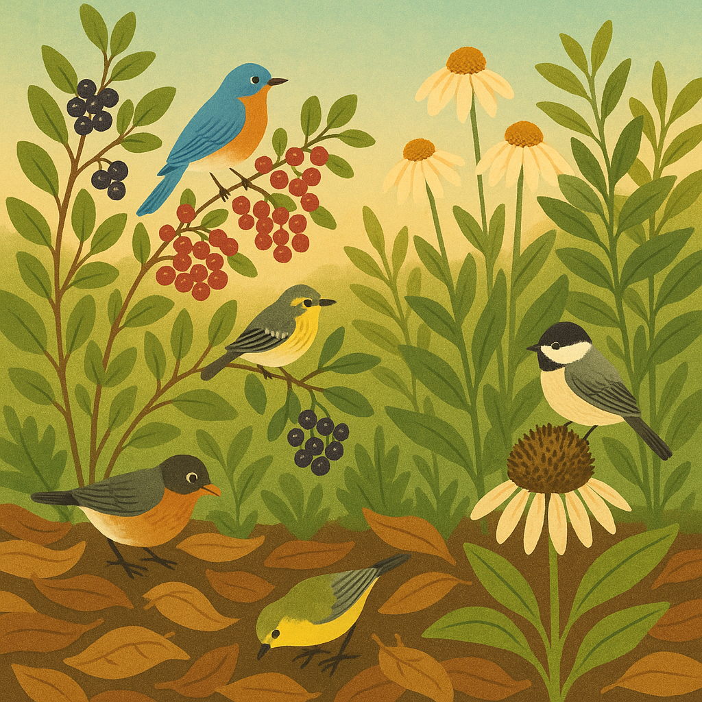 Backyard birds foraging naturally among berries, seed heads, flowers, and leaf litter