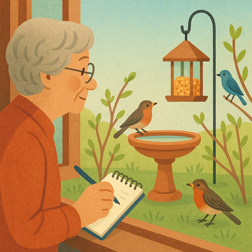 Early spring backyard birdwatching checklist with feeder, bird bath, budding shrubs, and songbirds