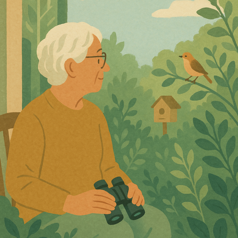 A quiet late spring backyard birdwatcher observing nesting birds from a respectful distance.
