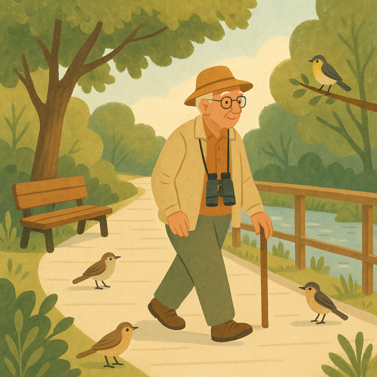 An older birdwatcher on a gentle boardwalk trail with benches, trees, water, and birds nearby.