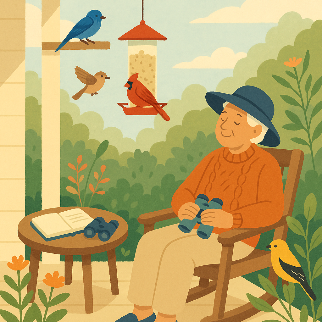 Older adult birdwatching comfortably from a porch chair with backyard birds nearby