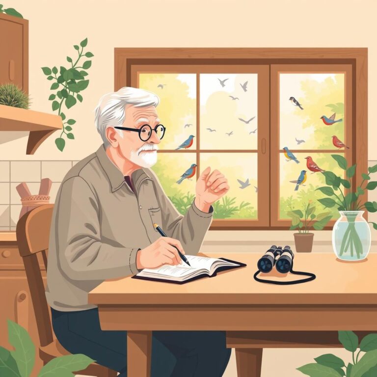 A simple birdwatching notebook beside binoculars near a window with backyard birds outside