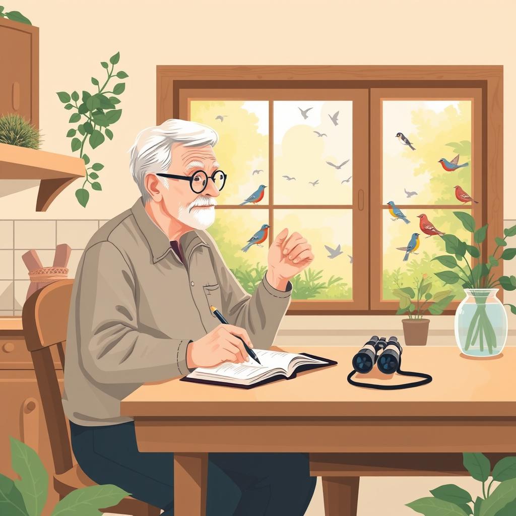 A simple birdwatching notebook beside binoculars near a window with backyard birds outside
