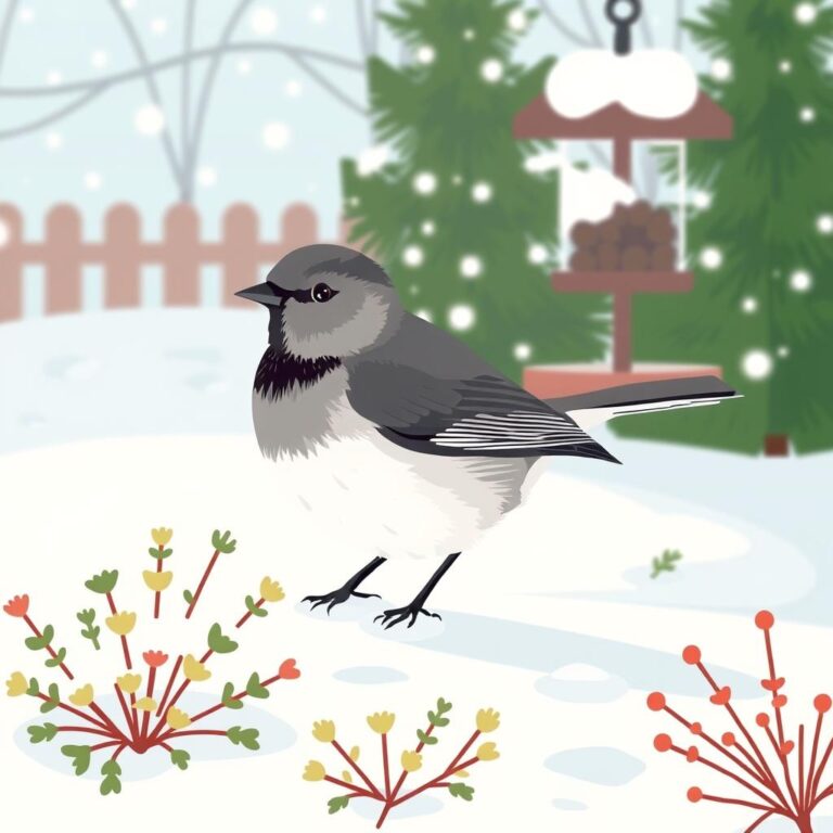 A dark-eyed junco standing on snowy ground in a quiet backyard near shrubs