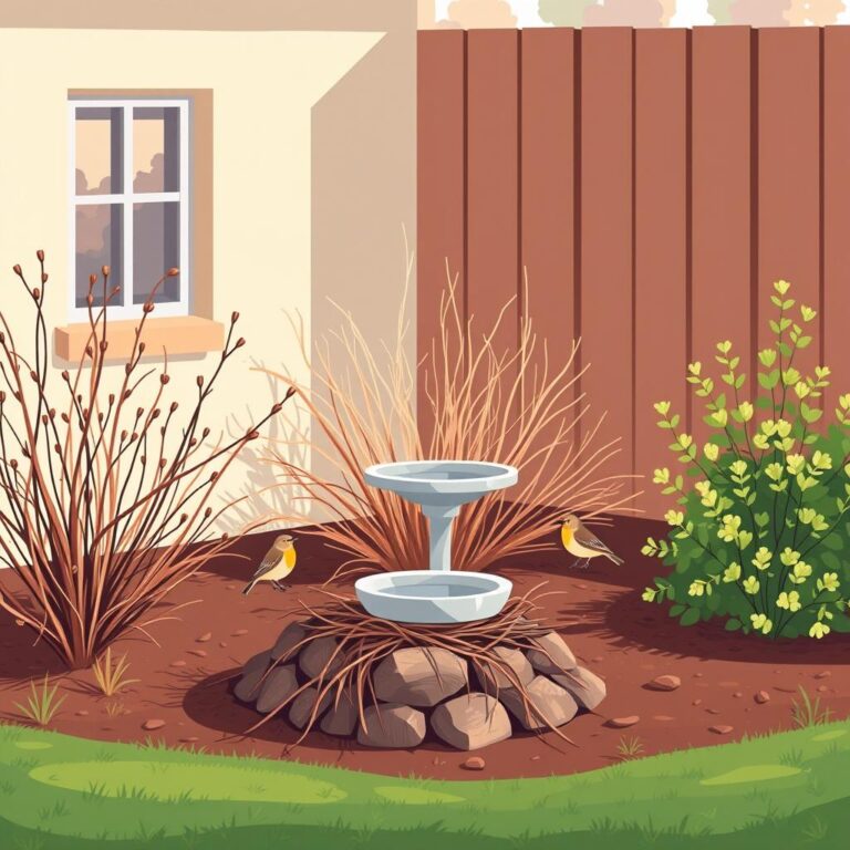 A quiet backyard corner with shrubs, a small brush pile, a shallow bird bath, and calm songbirds