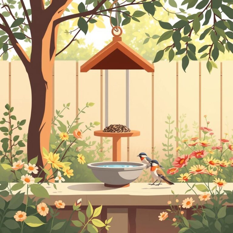 A clean summer backyard feeder and shallow bird bath near flowers and shrubs with small songbirds nearby