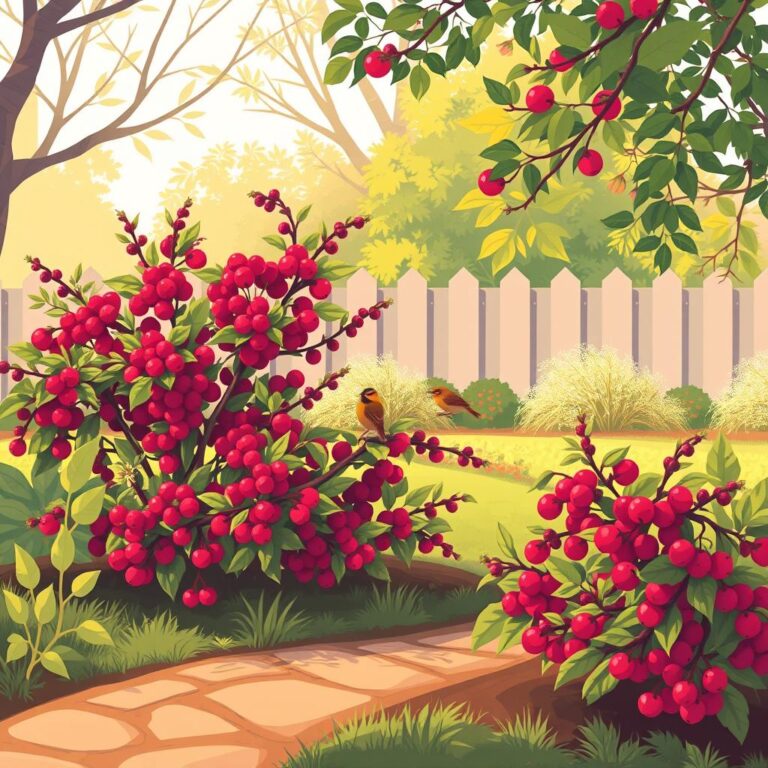 Native berry shrubs in a calm backyard with small songbirds perched nearby