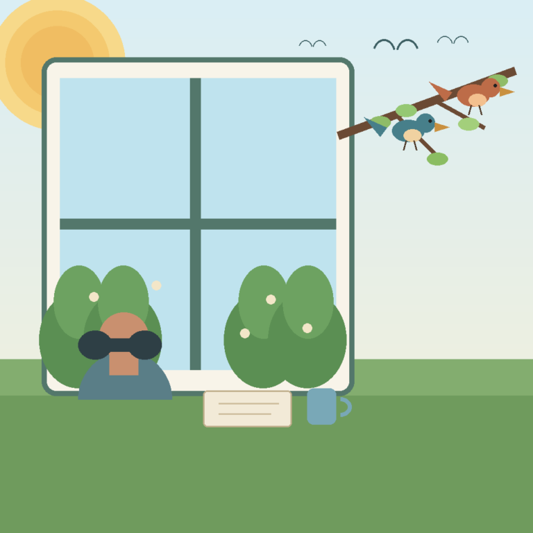 A calm spring backyard scene with budding shrubs and small birds near a window