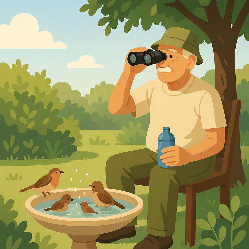 A shaded summer backyard with a birdwatcher, fresh water, and small birds bathing safely