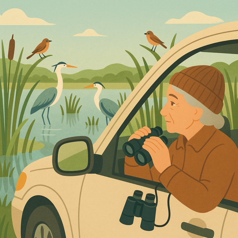 An older birdwatcher watching birds from a parked car beside a peaceful wetland refuge