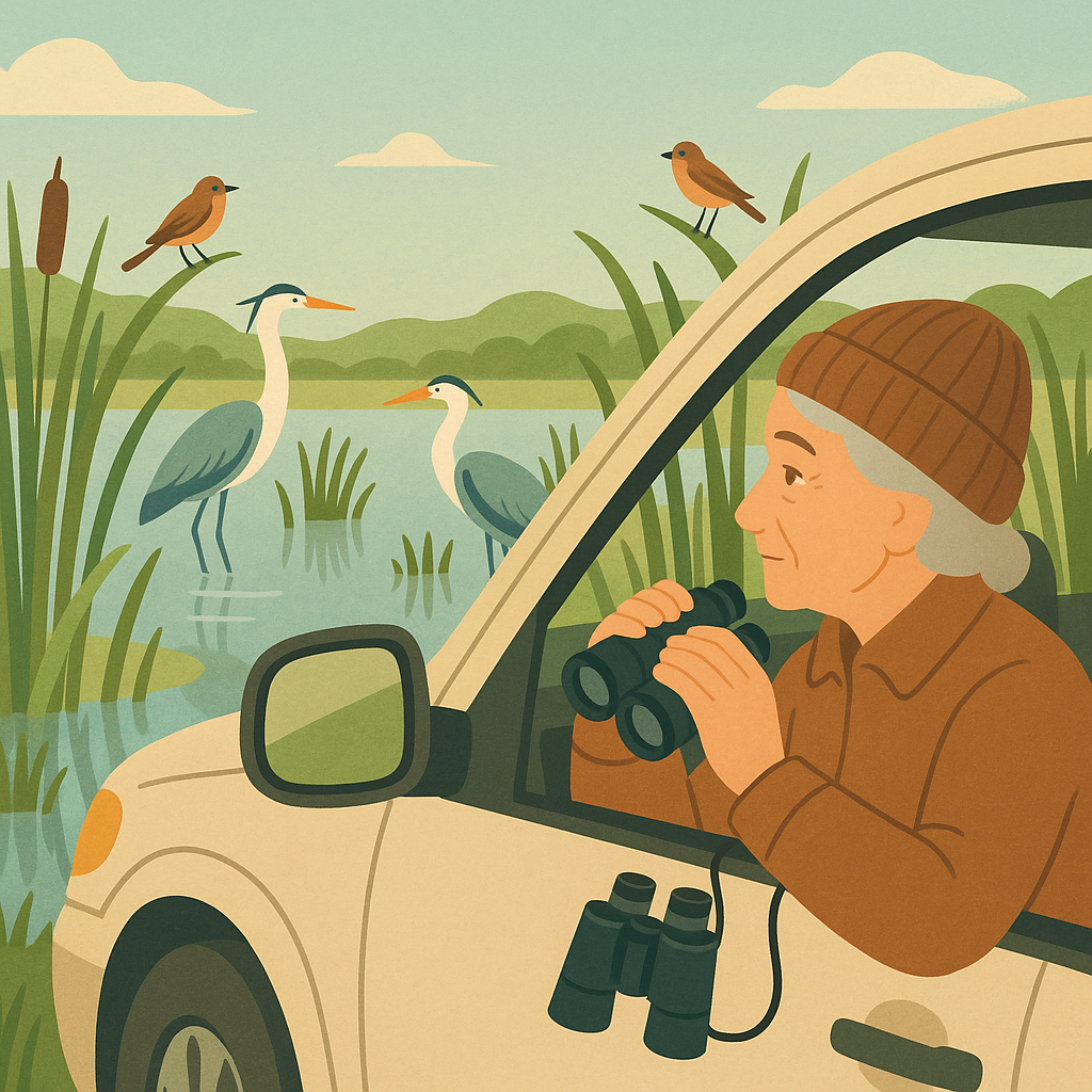 An older birdwatcher watching birds from a parked car beside a peaceful wetland refuge