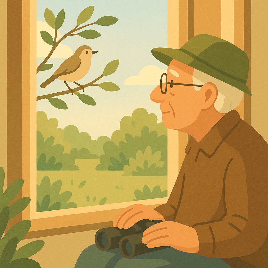 A quiet backyard birdwatcher observing a small songbird calmly from a respectful distance
