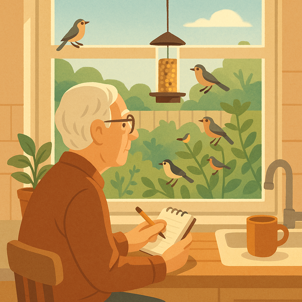 A beginner birdwatcher using a notebook during a quiet 10-minute window birdwatching routine