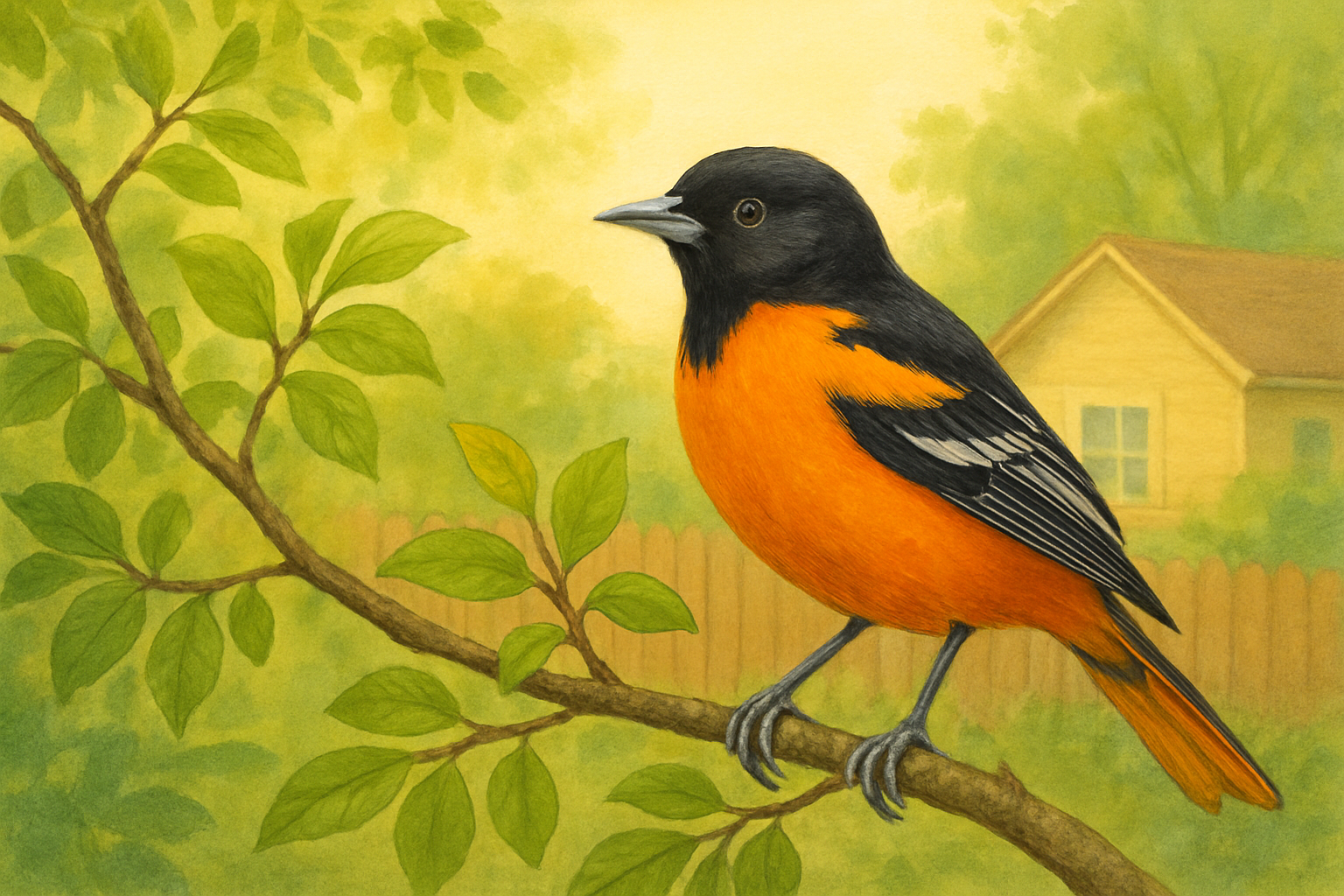 A Baltimore Oriole perched in a leafy backyard tree near fresh fruit for beginner identification