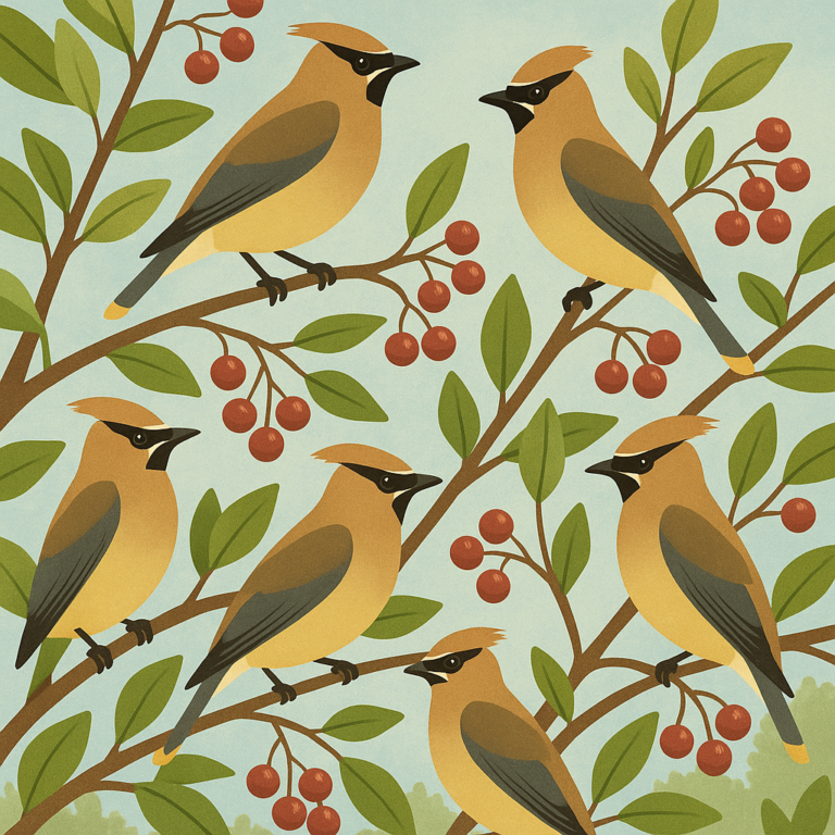 Cedar Waxwings perched together in a berry tree for beginner identification