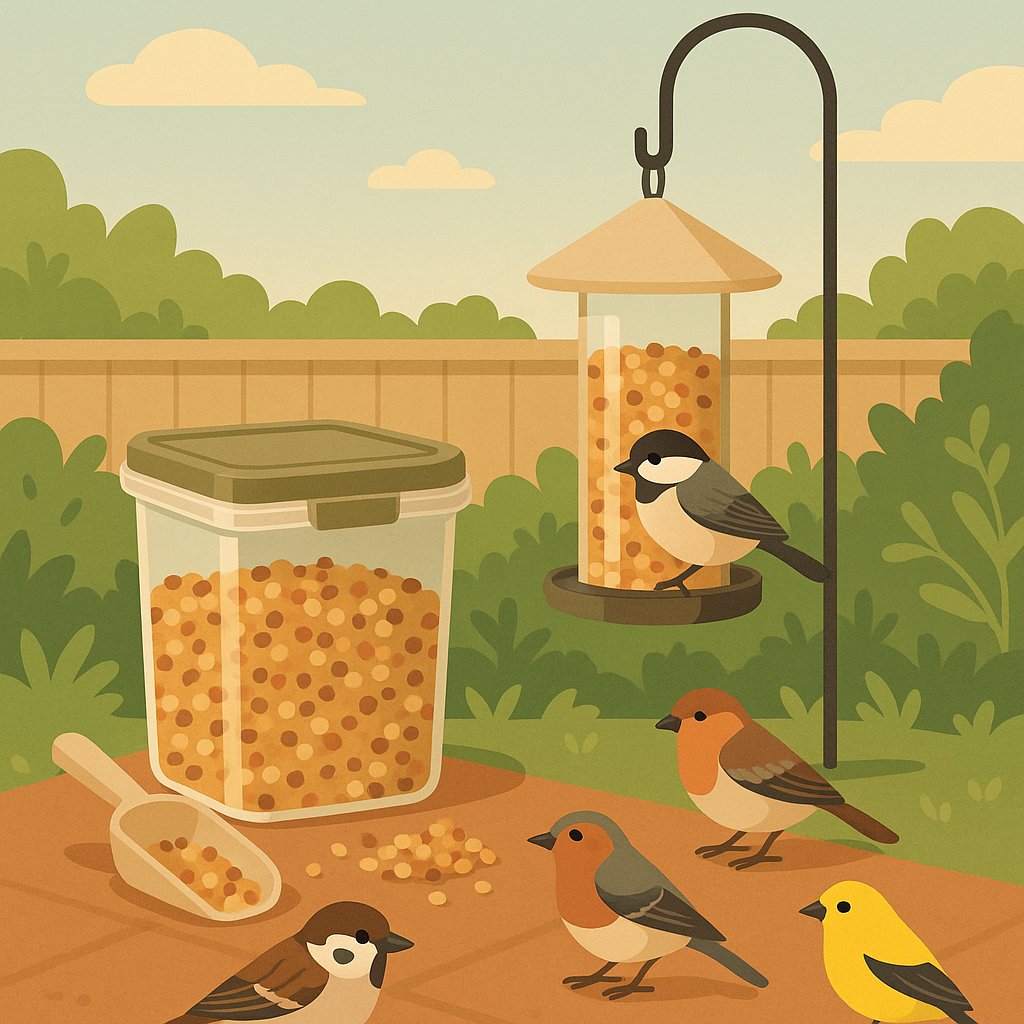 Dry bird seed stored in a sealed container beside a clean backyard feeder