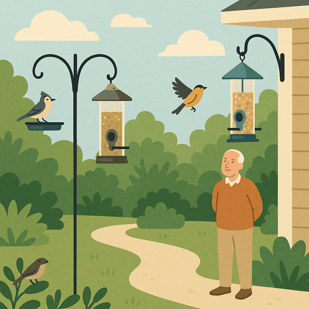 Beginner-friendly backyard with a feeder pole and a hanging bird feeder placed at comfortable reach.