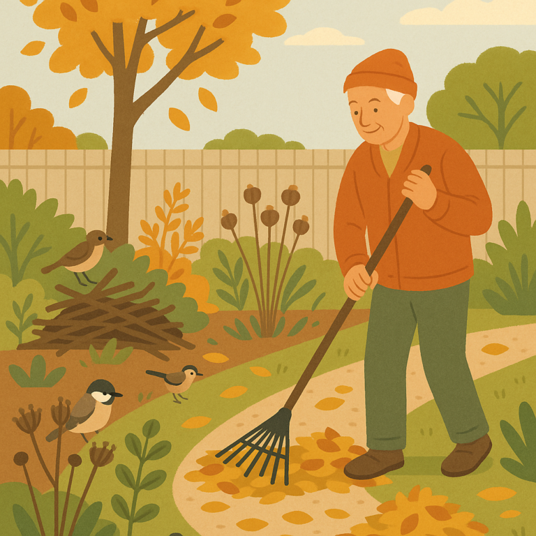 Fall backyard with leaves moved into garden beds, seed heads left standing, and birds using a quiet habitat corner.