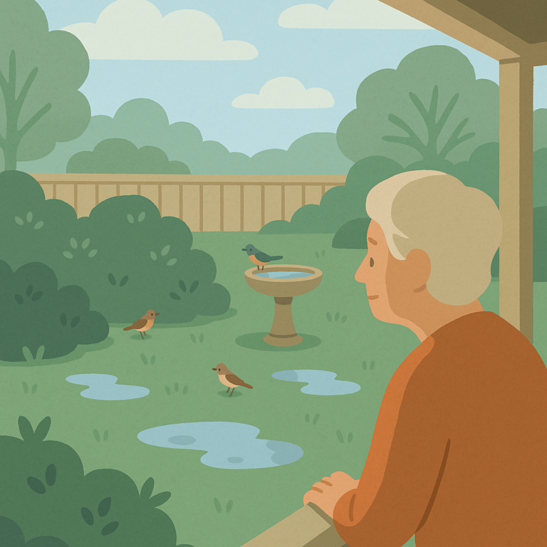 Backyard birds using wet shrubs, a bird bath, and puddles after a gentle rainstorm.