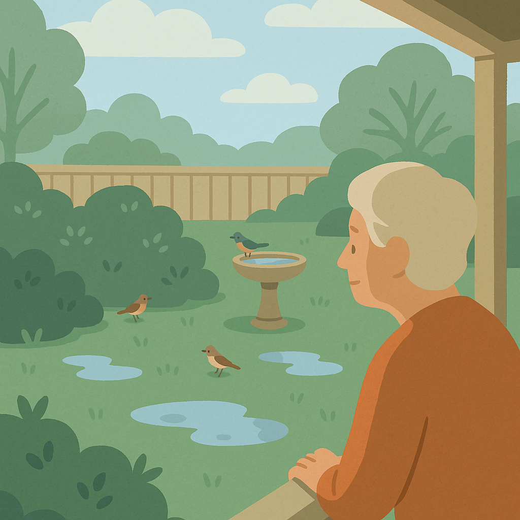Backyard birds using wet shrubs, a bird bath, and puddles after a gentle rainstorm.