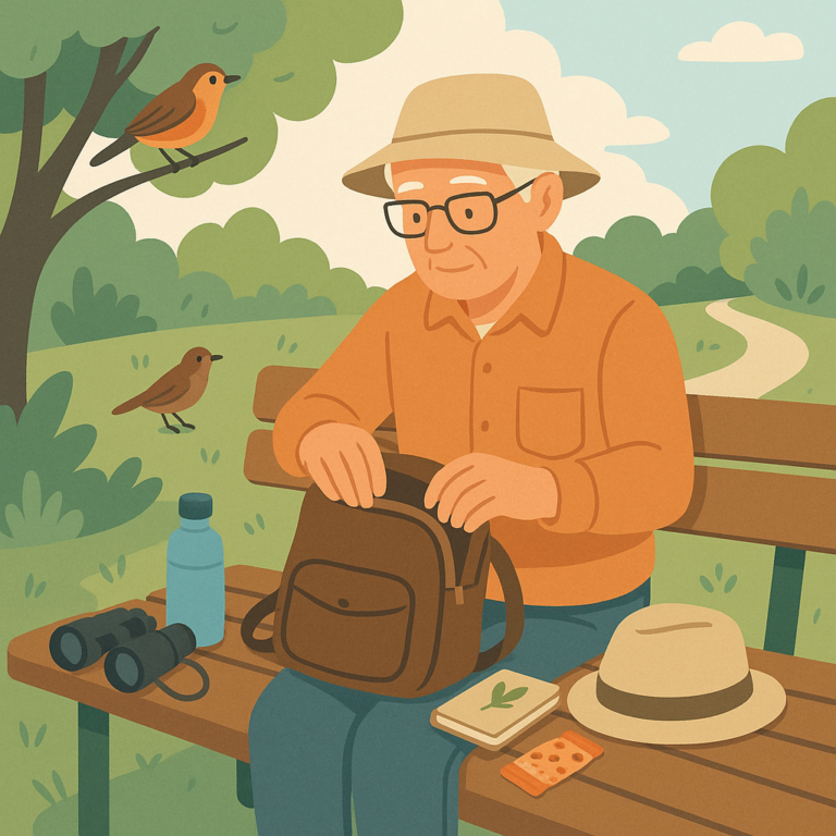 Comfortable half-day birding outing kit with binoculars, water, hat, notebook, snack, and a light day bag on a park bench.