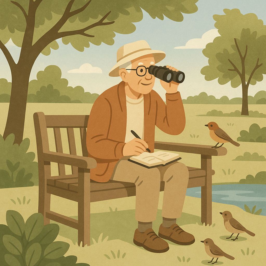 Older birdwatcher sitting on a shaded park bench with binoculars, notebook, trees, water, shrubs, and songbirds nearby.