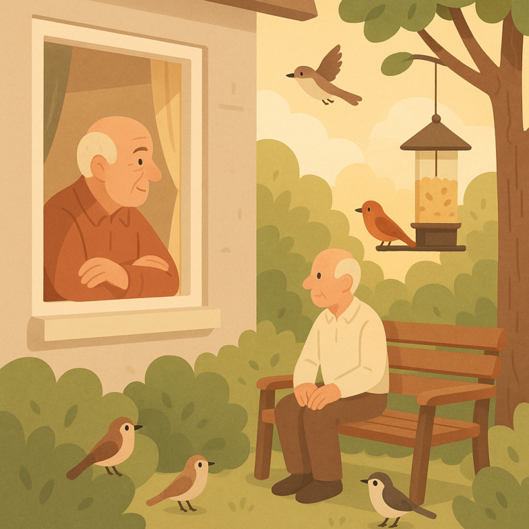 A calm backyard birdwatcher notices birds from a window and garden without binoculars.
